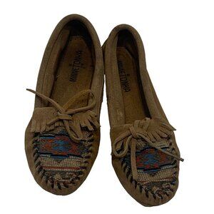 Minnietonka Brown Leather Moccasin Aztec Shoe Slippers Soft Sole Embroidered 6